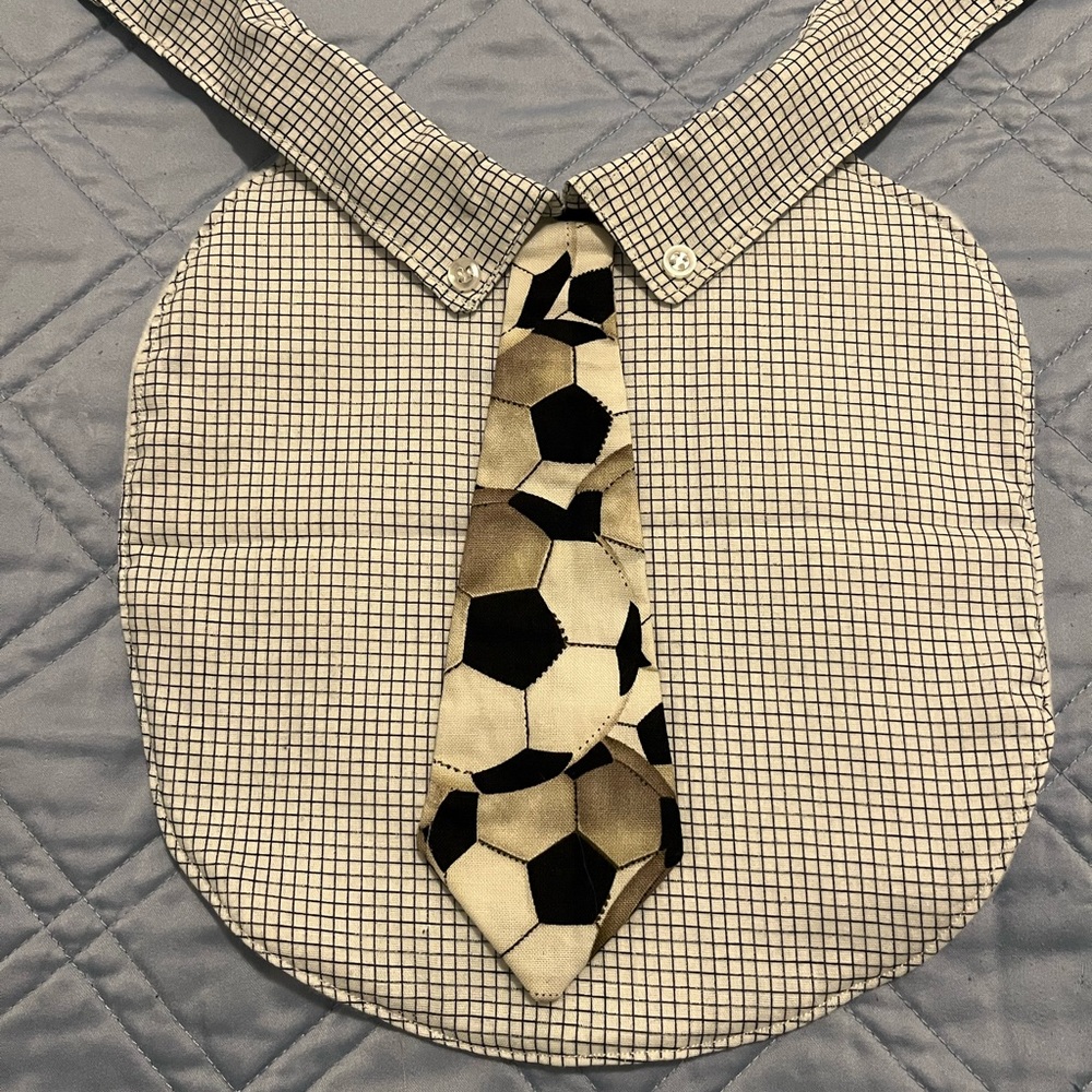 NWOT Baby Bib Business Casual Preppy Checkered Shirt With Soccer Ball Tie